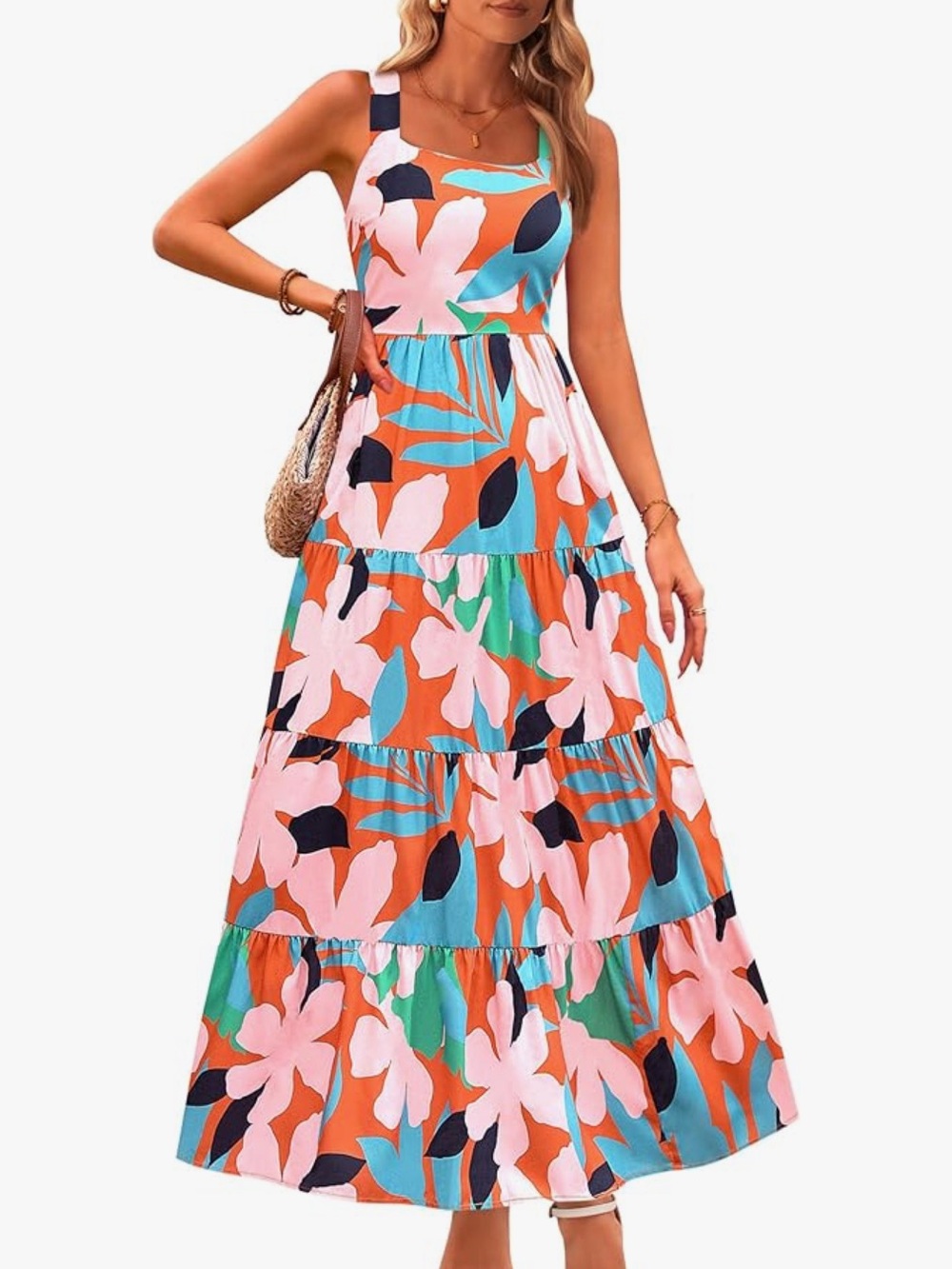 Sleeveless Floral Tiered Maxi Dress - Orange Pink, like new🌻
